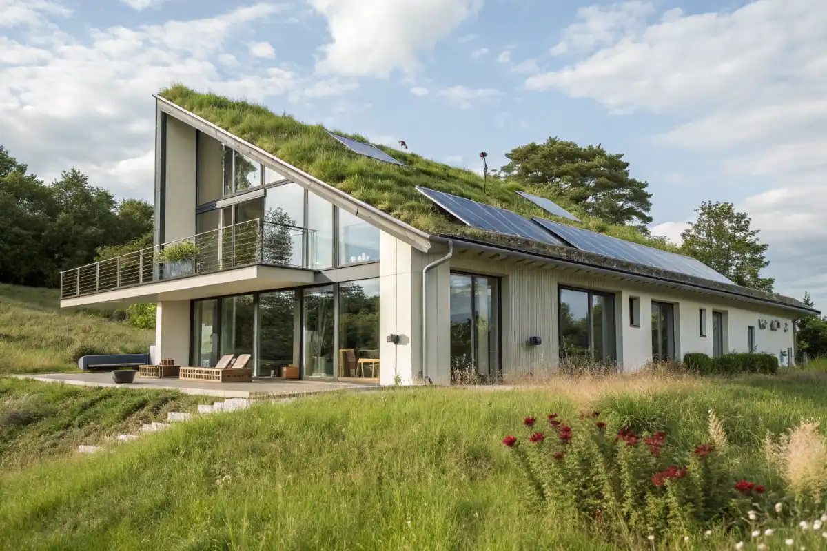 Modern eco-friendly house exterior with solar panels and green roof