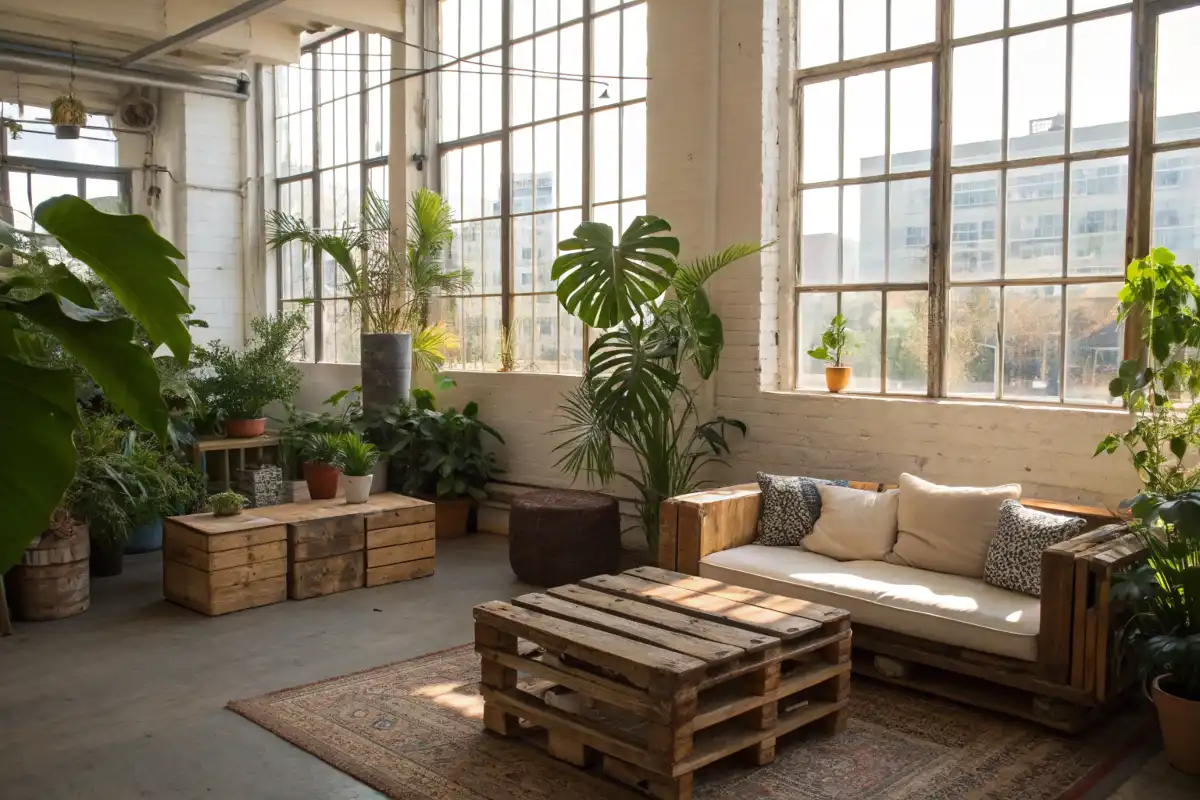 Indoor space with natural lighting, indoor plants, and sustainable furniture