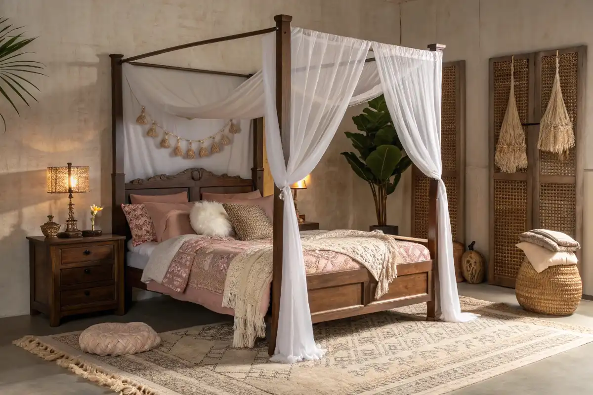 Canopy Queen Bed Frame with Boho Accents
