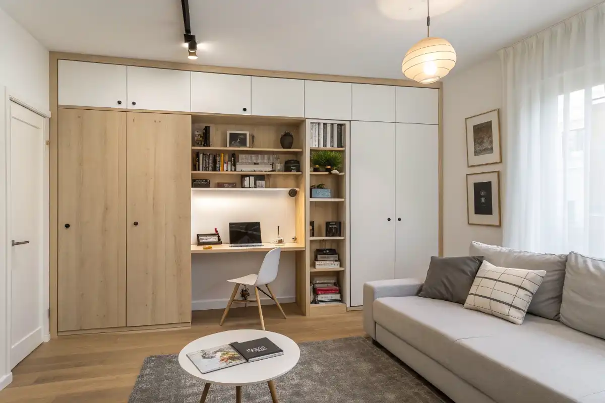 Wall Bed (Murphy Bed) in a Small Studio Apartment with Integrated Desk