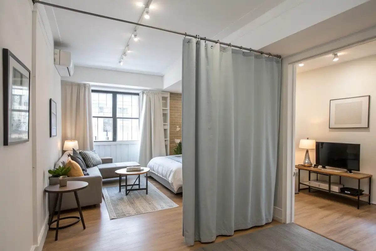 Renter-Friendly Curtain Divider in a Studio Apartment